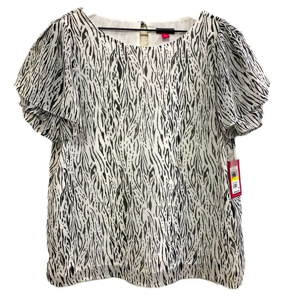 VINCE CAMUTO Summer Heat Blouse Women’s Medium White Black Animal Print Lined. - Picture 1 of 14